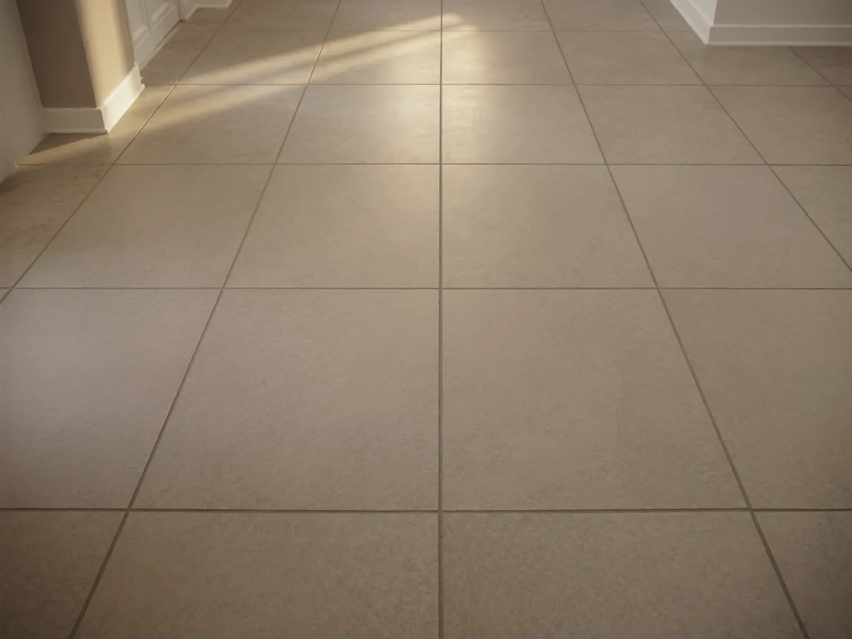Large format greige porcelain floor tile laid in a straight grid with narrow grout joints beside a white baseboard